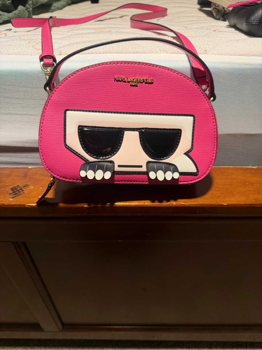 Karl Lagerfeld Pink Leather Crossbody with Signature Face Motif
